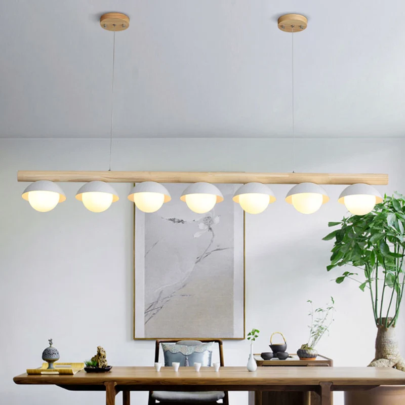 Moderne minimalistische lineaire houten eilandhangende grijze koepelvormige hangende eilandverlichting