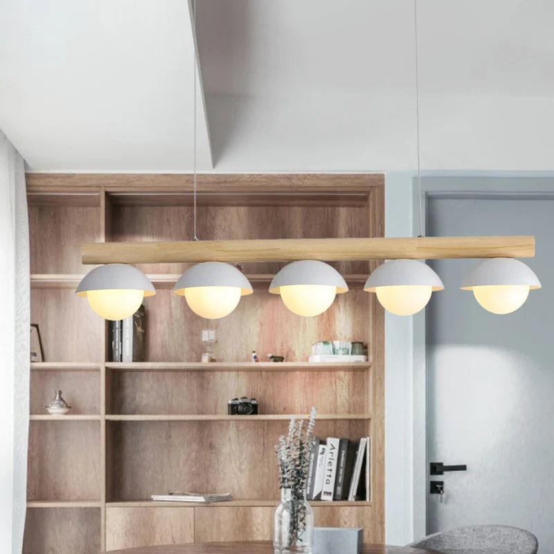 Moderne minimalistische lineaire houten eilandhangende grijze koepelvormige hangende eilandverlichting