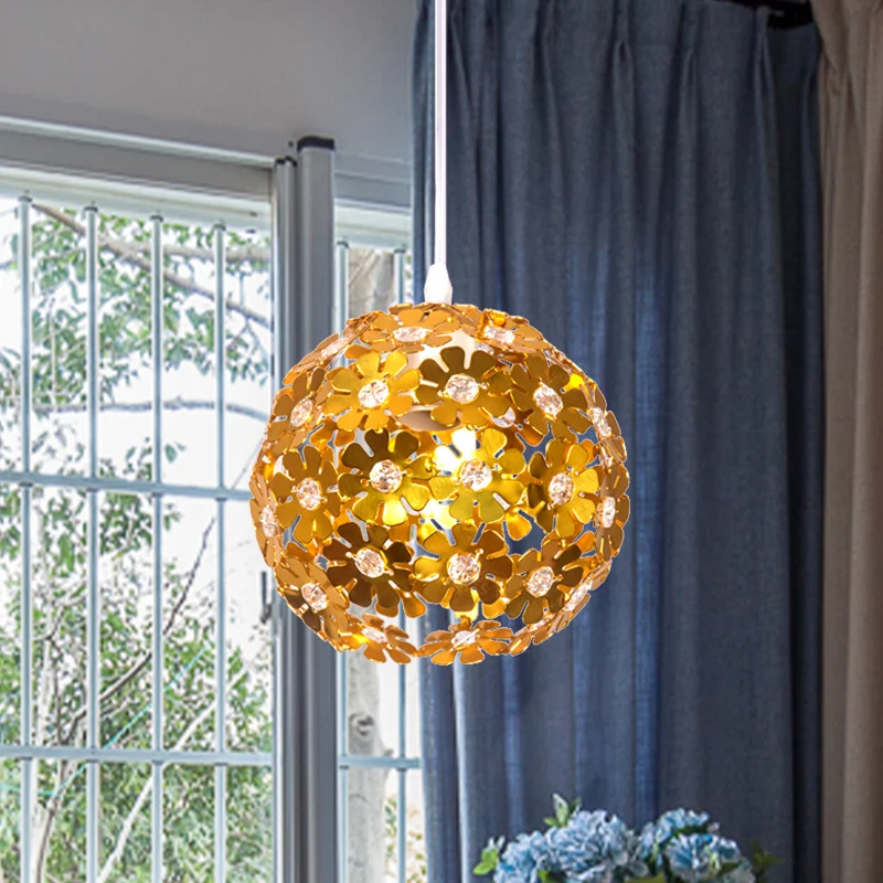 Modernistische plafondlamp met 1 kop, zilver/paars/goud, koepelvormige hanglamp met aluminium lampenkap met bloemen