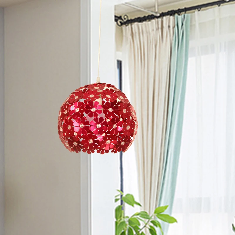 Modernistische plafondlamp met 1 kop, zilver/paars/goud, koepelvormige hanglamp met aluminium lampenkap met bloemen
