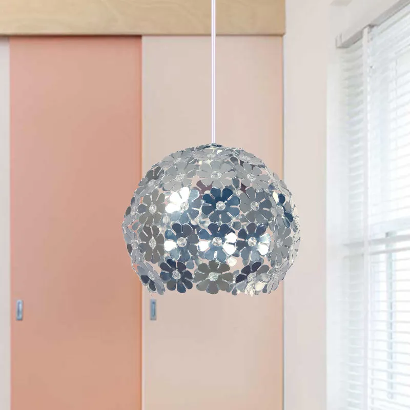 Modernistische plafondlamp met 1 kop, zilver/paars/goud, koepelvormige hanglamp met aluminium lampenkap met bloemen