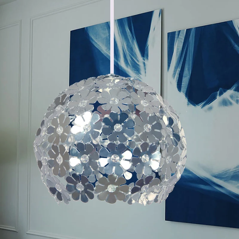 Modernistische plafondlamp met 1 kop, zilver/paars/goud, koepelvormige hanglamp met aluminium lampenkap met bloemen