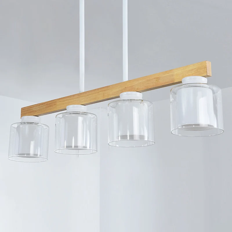 Nordic Linear Island Light Wood 3/4 Heads Dining Room Hanging Lamp Cylinder Parelmoer Glass Shade Inside White