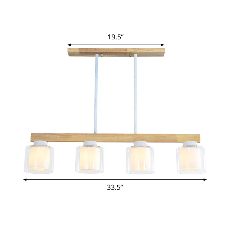 Nordic Linear Island Light Wood 3/4 Heads Dining Room Hanging Lamp Cylinder Parelmoer Glass Shade Inside White
