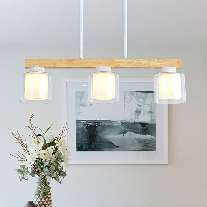Nordic Linear Island Light Wood 3/4 Heads Dining Room Hanging Lamp Cylinder Parelmoer Glass Shade Inside White