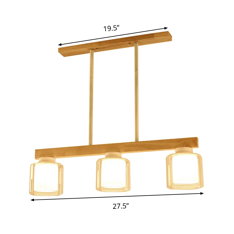 Nordic Linear Island Light Wood 3/4 Heads Dining Room Hanging Lamp Cylinder Parelmoer Glass Shade Inside White