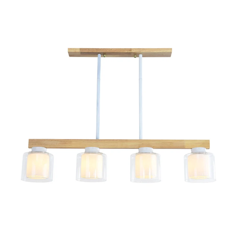 Nordic Linear Island Light Wood 3/4 Heads Dining Room Hanging Lamp Cylinder Parelmoer Glass Shade Inside White