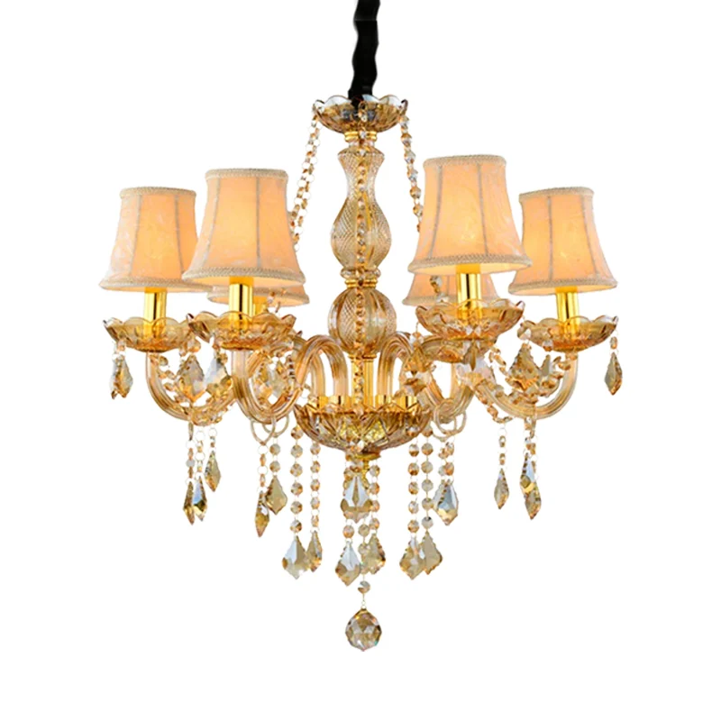Retro kaars/bel kroonluchter zacht 6 lampen amber afgeschuinde kristallen hanglamp goud met/zonder stoffen kap