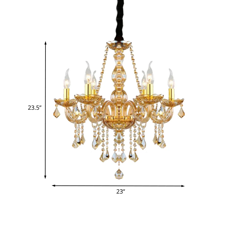 Retro kaars/bel kroonluchter zwak 6 lampen amber afgeschuinde kristallen hanglamp goud met/zonder stoffen kap