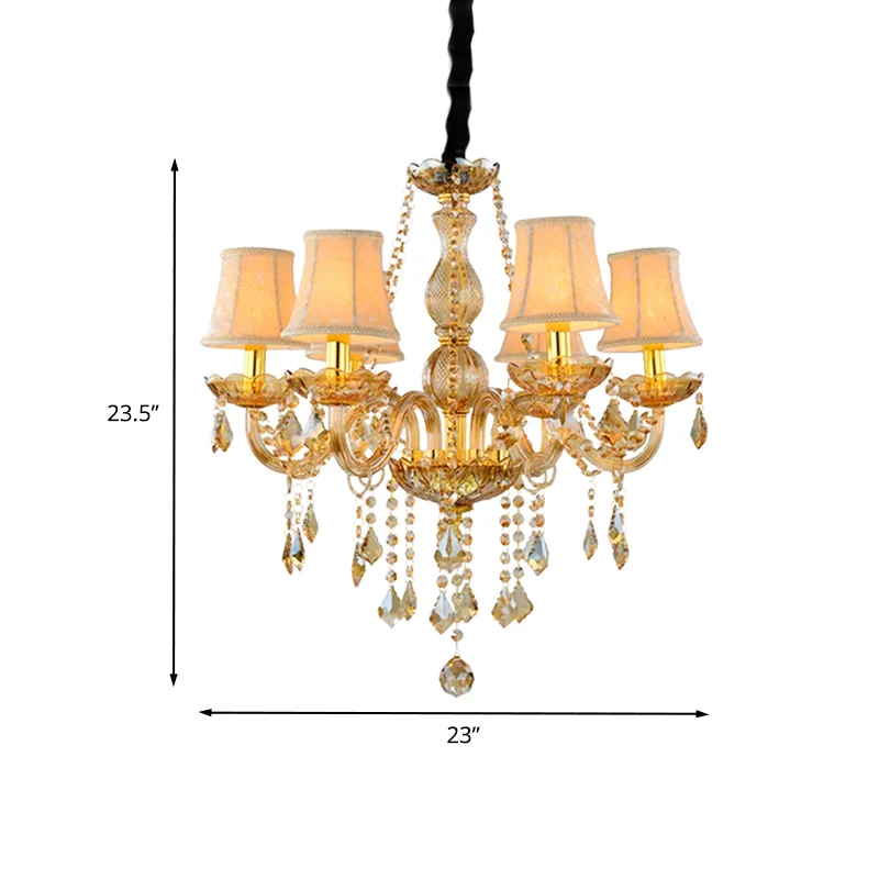 Retro kaars/bel kroonluchter zwak 6 lampen amber afgeschuinde kristallen hanglamp goud met/zonder stoffen kap
