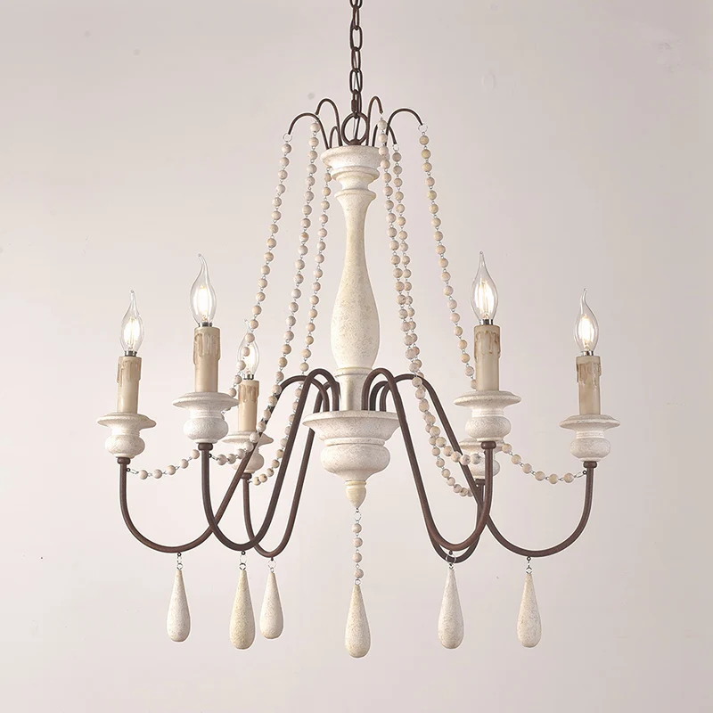 Retro-stijl draperende kraalophanglamp 8-kops houten kroonluchterlamp met kandelaar