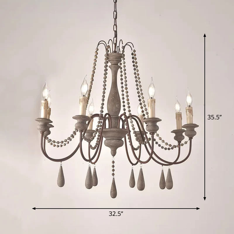 Retro-stijl draperende kraalophanglamp 8-kops houten kroonluchterlamp met kandelaar
