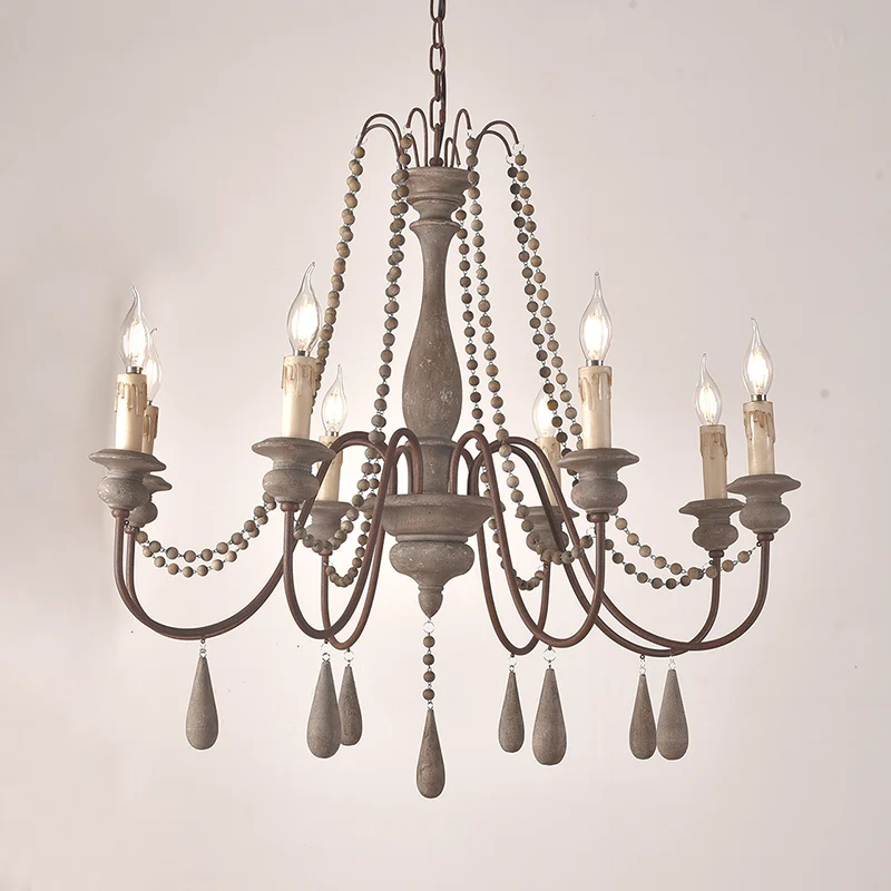 Retro-stijl draperende kraalophanglamp 8-kops houten kroonluchterlamp met kandelaar