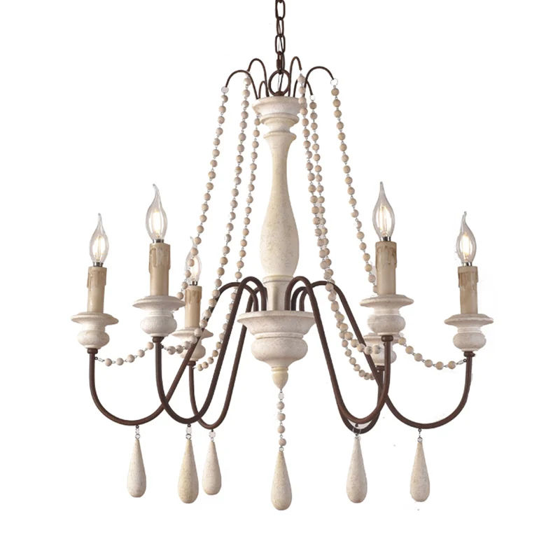 Retro-stijl draperende kraalophanglamp 8-kops houten kroonluchterlamp met kandelaar