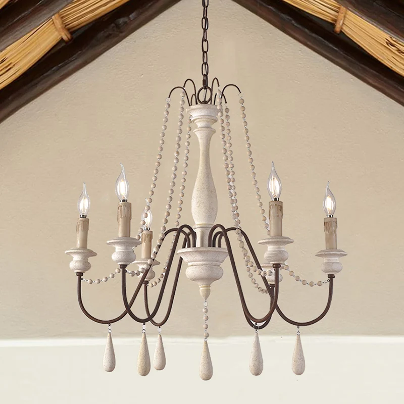 Retro-stijl draperende kraalophanglamp 8-kops houten kroonluchterlamp met kandelaar