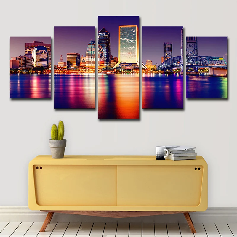 Riverside wolkenkrabbers nachtzicht kunstprint paars canvasdoek wanddecoratie, meerdelig