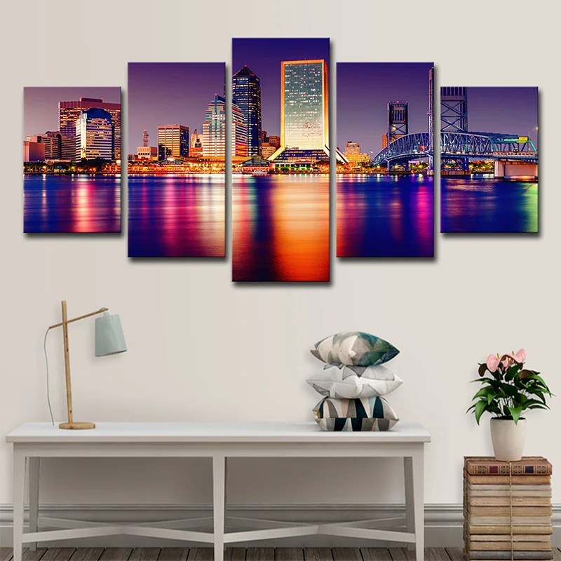 Riverside wolkenkrabbers nachtzicht kunstprint paars canvasdoek wanddecoratie, meerdelig