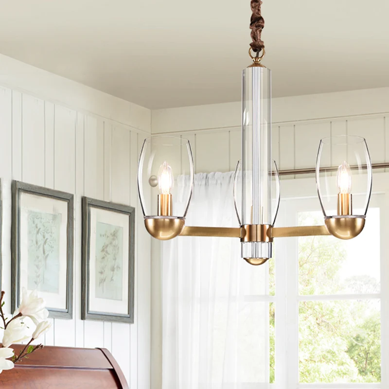 Schitterend glazen gouden kroonluchterlamp ovale 3/6-lamps kolonialistische ophanghanger met Starburst-ontwerp