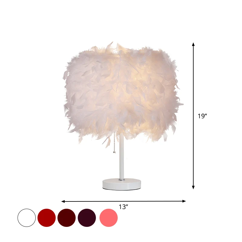 White/Red/Pink Cylindrical Table Lamp Romantic Hedendaags 1 Bulb Feather Pull-Chain Nightstand Light Purple