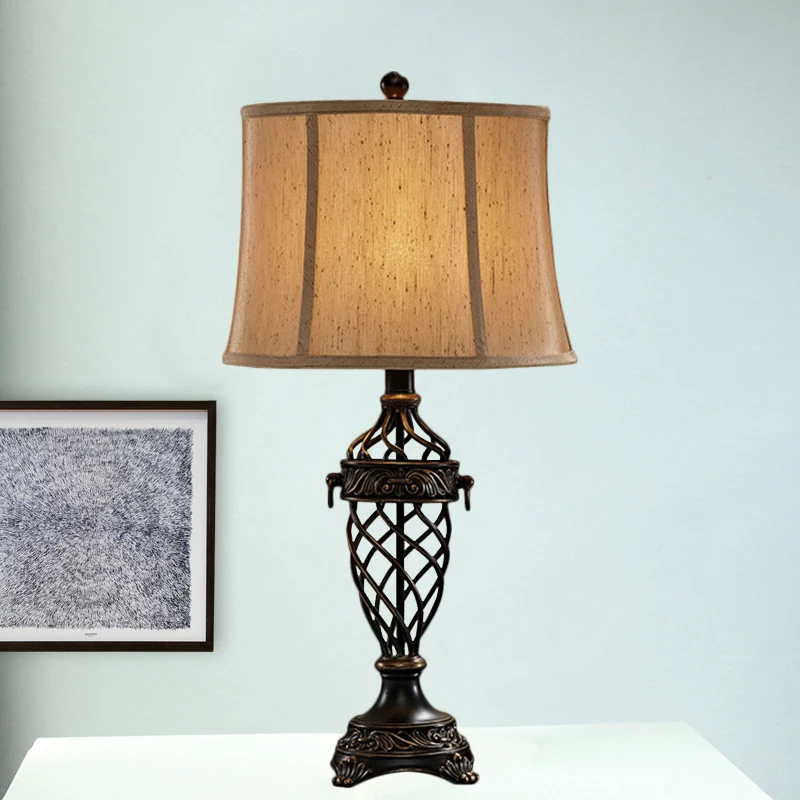 Wit/zwart tafellamp met 1 lamp, nostalgisch hars, open urnbasis, nachttafellamp met stoffen kap