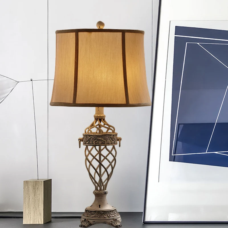 Wit/zwart tafellamp met 1 lamp, nostalgisch hars, open urnbasis, nachttafellamp met stoffen kap