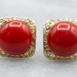 Premium Citroengeel Gold Round Cut Coral Cabochon Stud Earrings