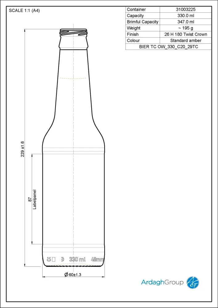 330ml Amber Glass Oneway Bierfles - Ardagh