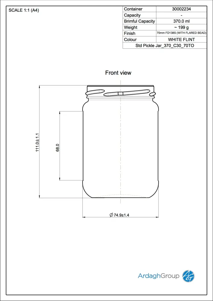 370ml Flint Glass Pickle Food Jar - Ardagh Glass