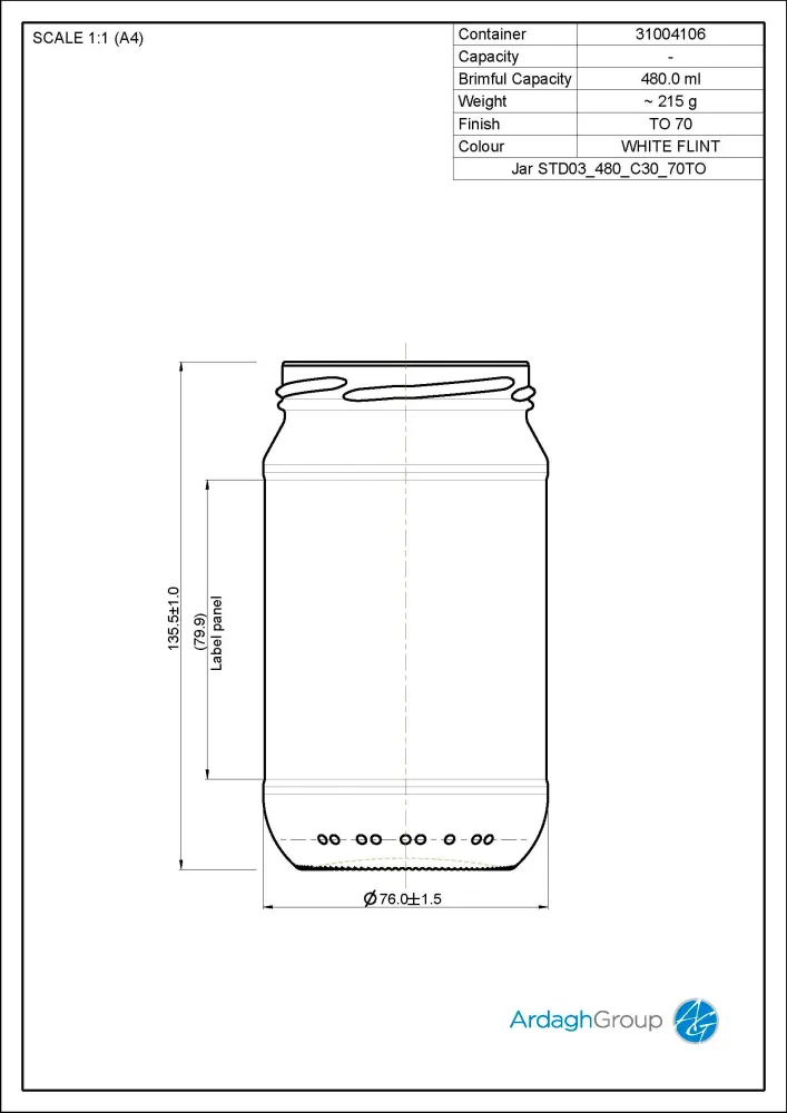 480ml Flint Glass Food Jar - Ardagh