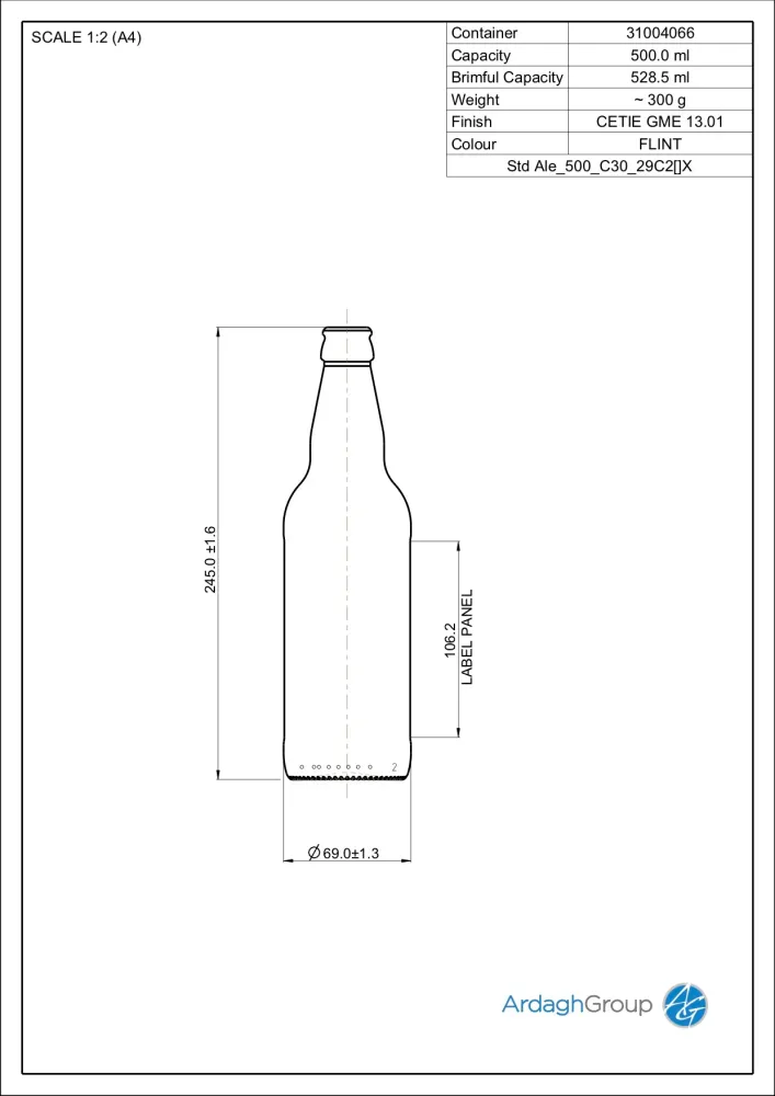 500ml Flint Glass Ale Oneway Bierfles - Ardagh