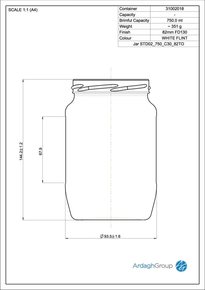 750ml Flint Glas Voedselpot - Ardagh