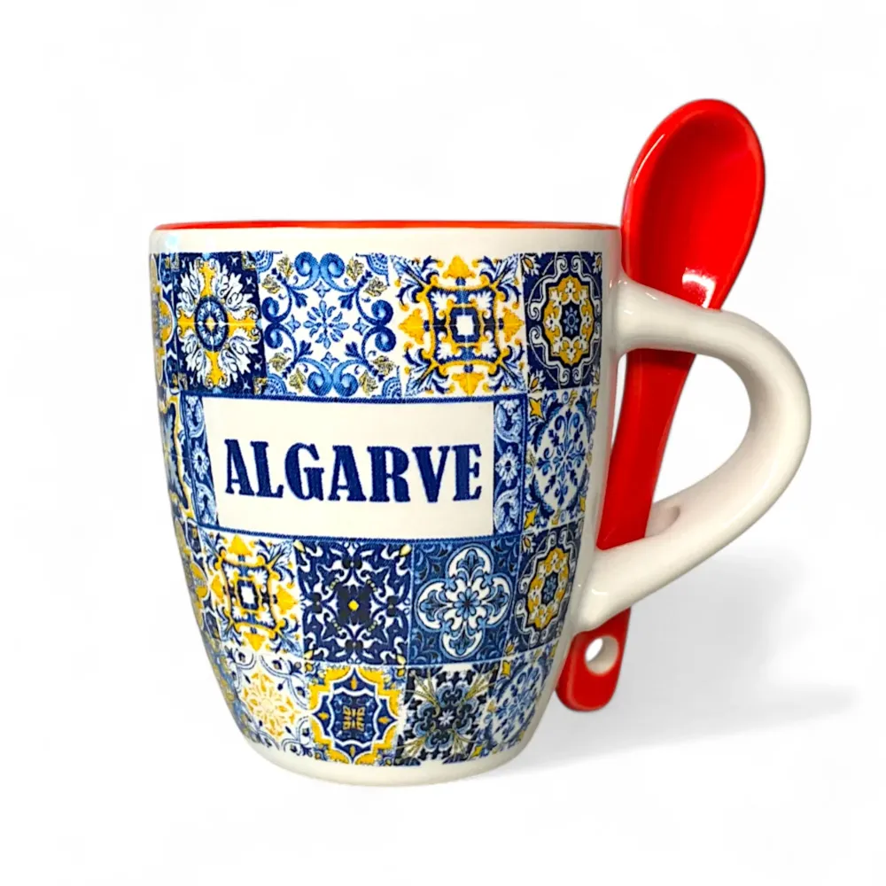 Algarve Kopje met Lepel, Keramisch Azulejo Tegelontwerp Blauw en Geel