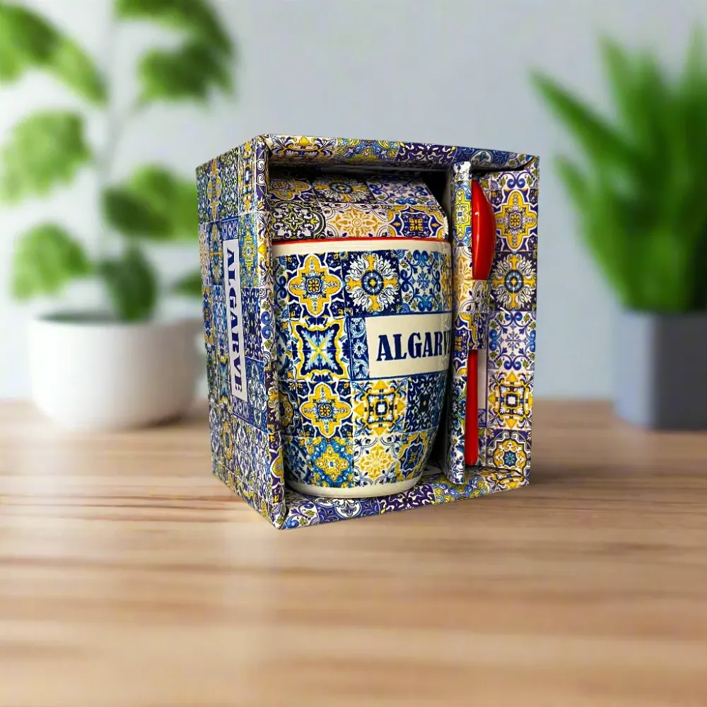 Algarve Kopje met Lepel, Keramisch Azulejo Tegelontwerp Blauw en Geel