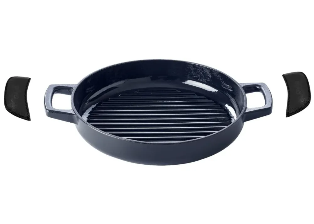 Alva Grillpan / Grillplaat Nori ø 28 cm + Gratis Leren Handvaten - geschikt voor alle warmtebronnen - geëmailleerde anti-a...