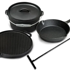 Blackwell Dutch Oven BBQ Gietijzer Set 4-Delig - Braadpan + Lifter, Koekenpan ø 20 cm & Grillplaat ø 30 cm - geschikt voor...