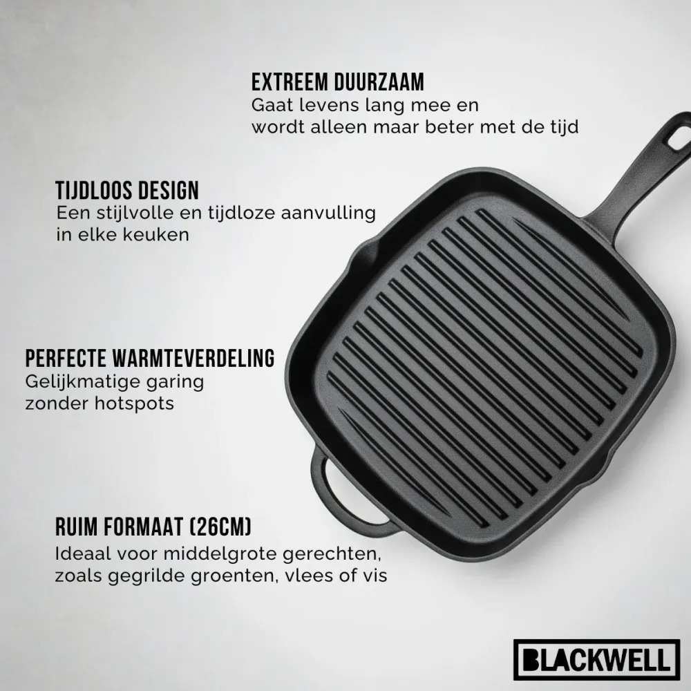 Blackwell Grillpan Cast Iron Gietijzer - 26 x 26 cm - geschikt voor alle warmtebronnen - zonder anti-aanbaklaag