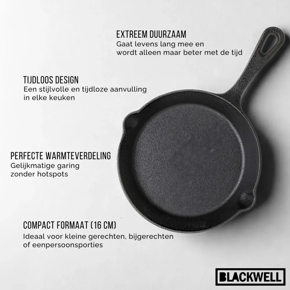 Blackwell Koekenpan Skillet Gietijzer ø 16 cm - geschikt voor alle warmtebronnen - zonder anti-aanbaklaag