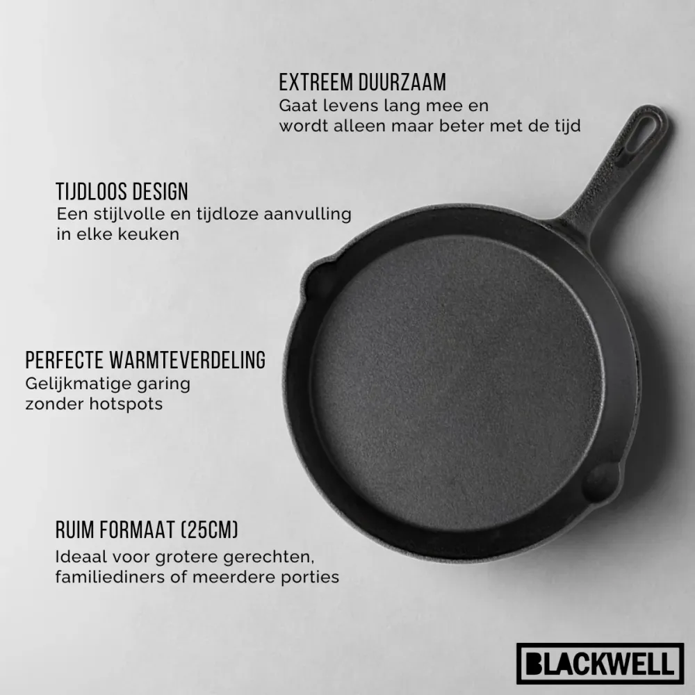Blackwell Koekenpan Skillet Gietijzer ø 25 cm - geschikt voor alle warmtebronnen - zonder anti-aanbaklaag