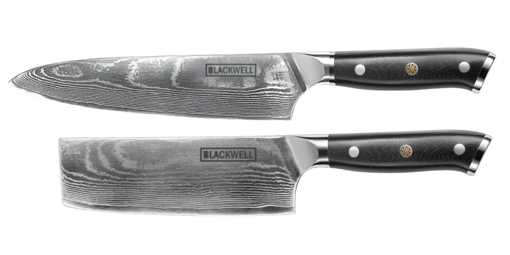 Blackwell Messenset (Koksmes + Groentemes / Nakirimes) - Japanse stijl - 67 lagen damaststaal - VG10 - 2-delig