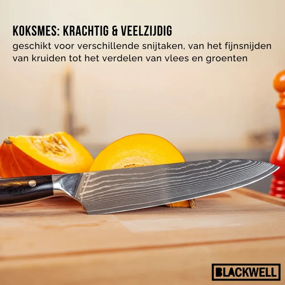 Blackwell Messenset (Koksmes + Groentemes / Nakirimes) - Japanse stijl - 67 lagen damaststaal - VG10 - 2-delig