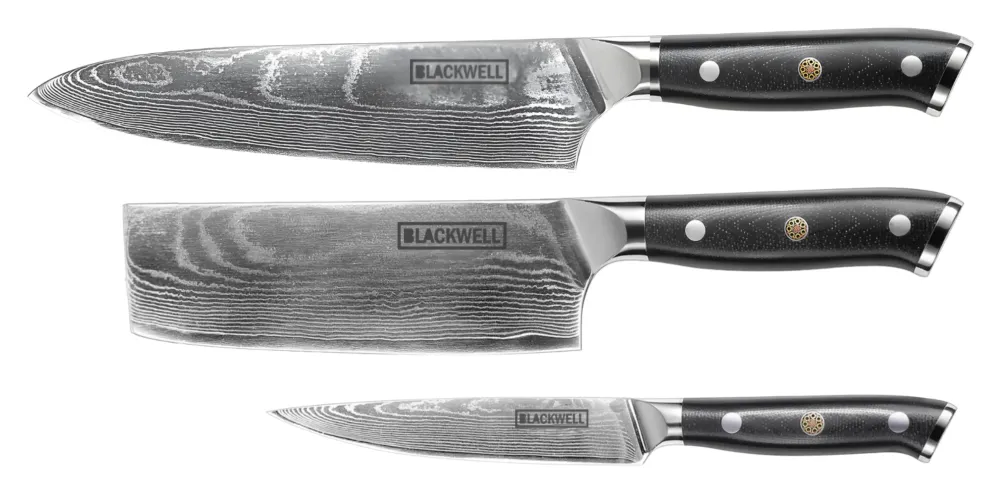 Blackwell Messenset (Koksmes + Groentemes + Officemes) - Japanse stijl - 67 lagen damaststaal - VG10 - 3-delig