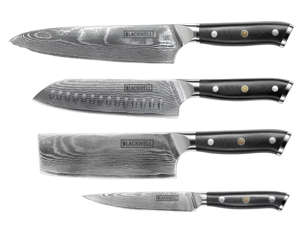 Blackwell Messenset (Koksmes + Santokumes + Nakirimes + Officemes) - Japanse stijl - 67 lagen damaststaal - VG10 - 4-delig