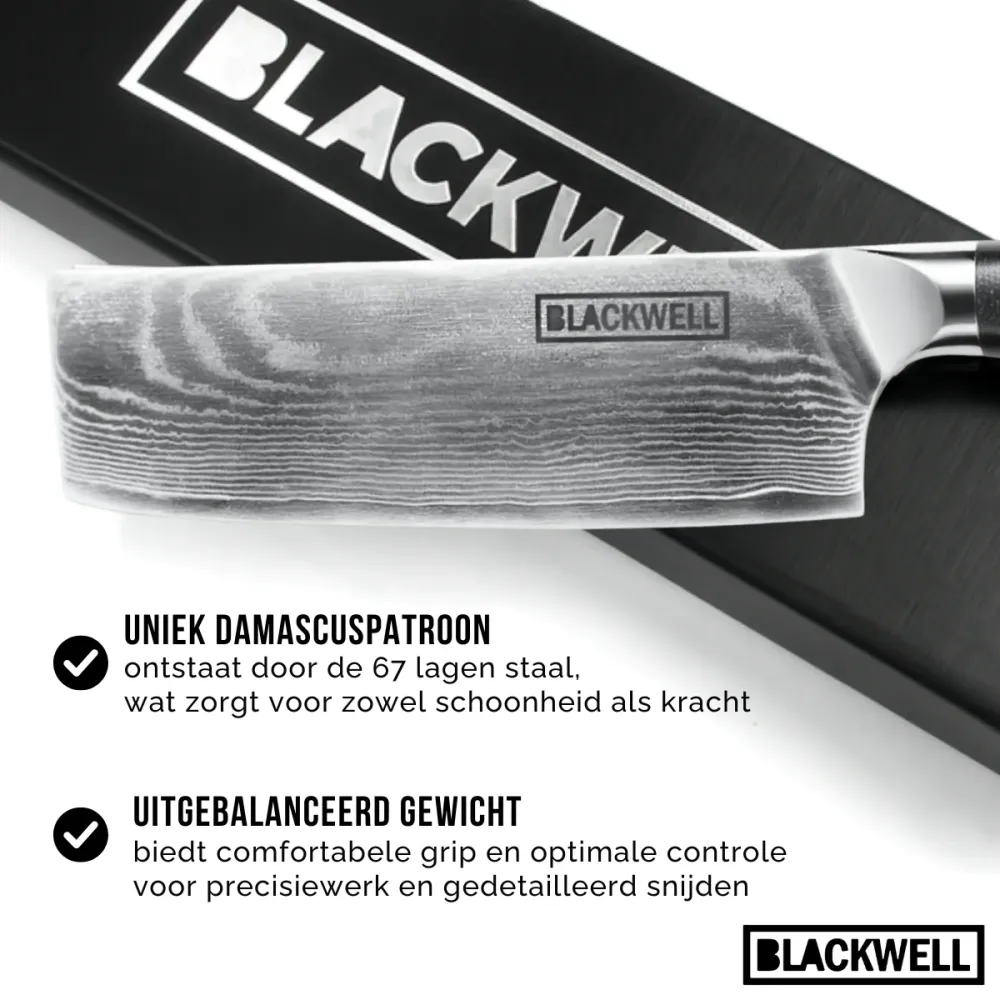 Blackwell Messenset (Koksmes + Santokumes + Nakirimes + Officemes) - Japanse stijl - 67 lagen damaststaal - VG10 - 4-delig