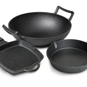 Blackwell Pannenset Gietijzer 3-Delig Grillpan 23 x 23 cm, Koekenpan ø 25 cm & Wok ø 32 cm - geschikt voor alle warmtebron...