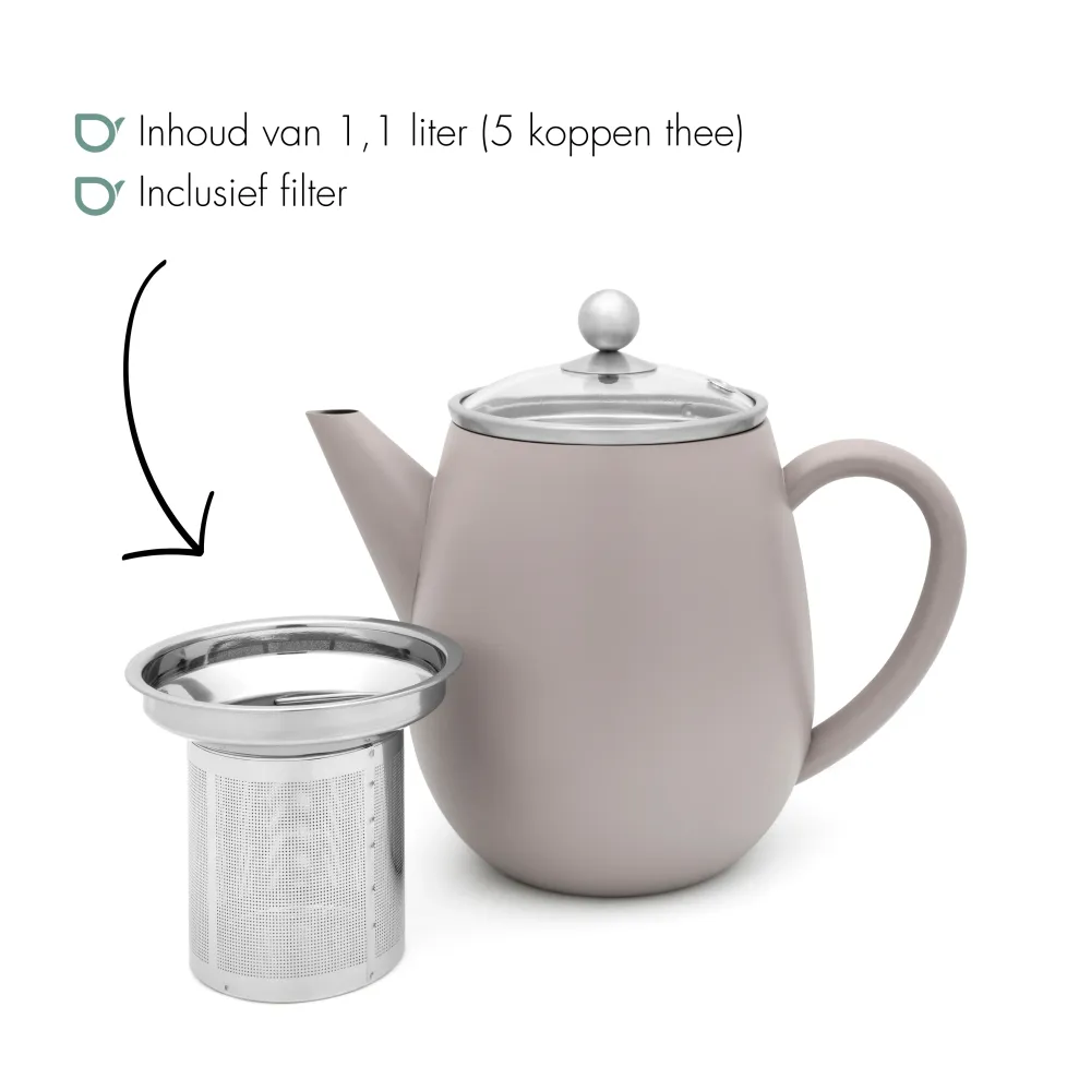 Bredemeijer - Dubbelwandige theepot Eva - 1,1 liter - Betongrijs - Met filter