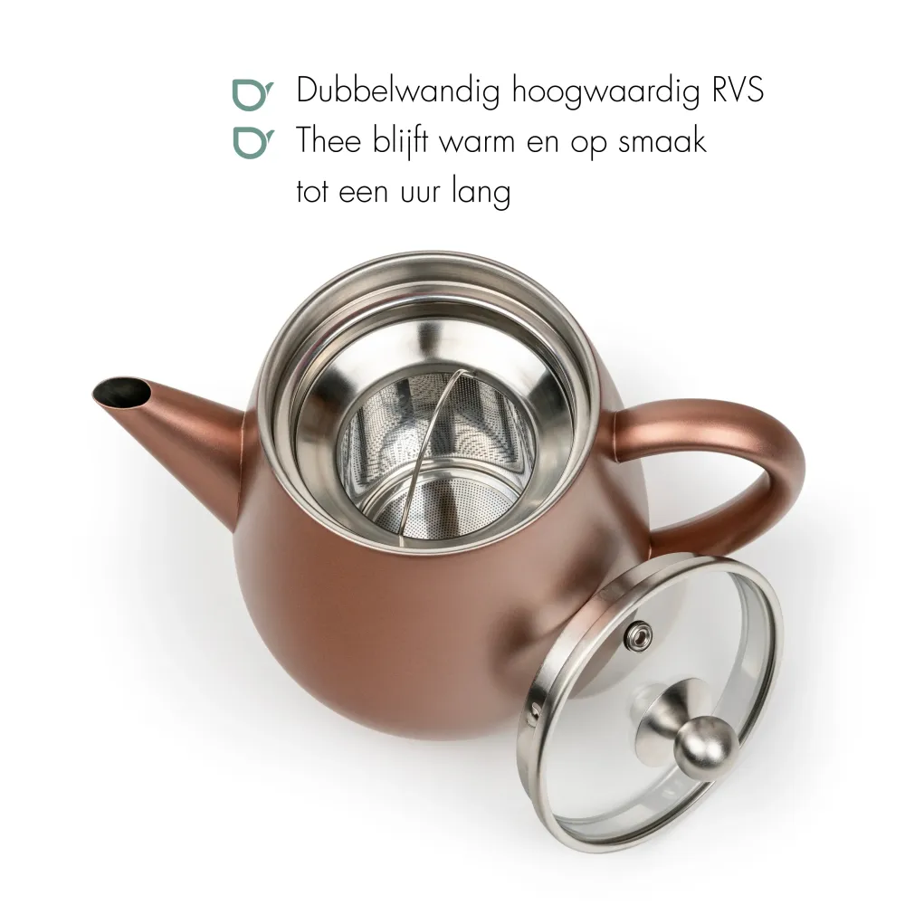 Bredemeijer - Dubbelwandige theepot Eva - 1,1 liter - Roestbruin - Met filter