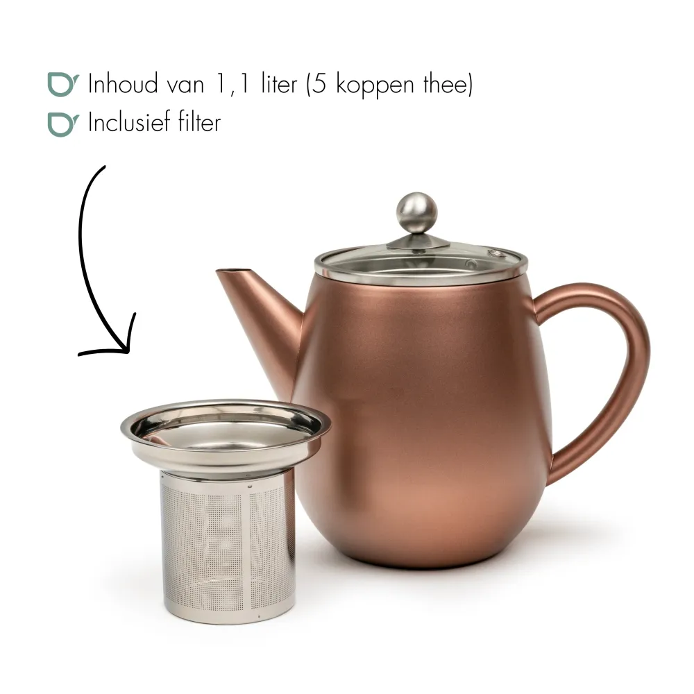 Bredemeijer - Dubbelwandige theepot Eva - 1,1 liter - Roestbruin - Met filter