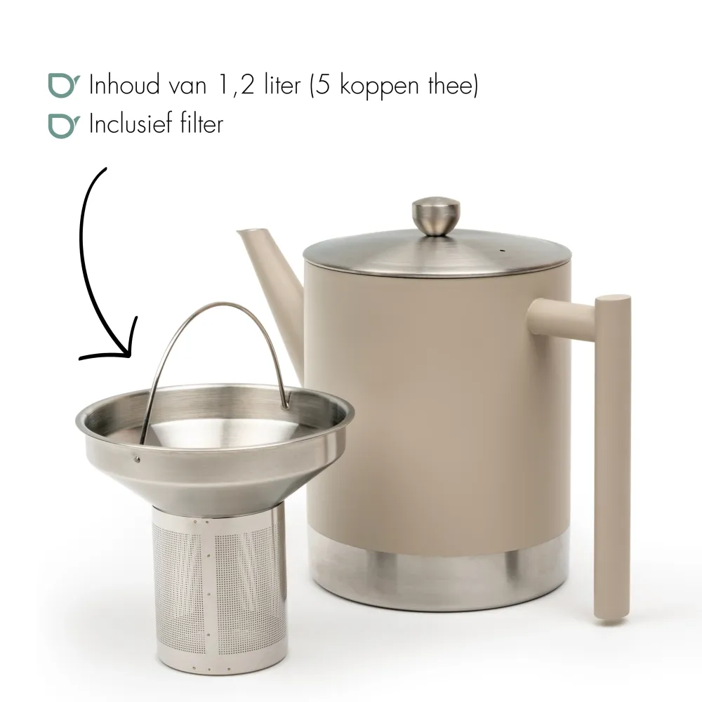 Bredemeijer - Dubbelwandige theepot Minuet Cylindre - 1,2 liter - Taupe - Met filter