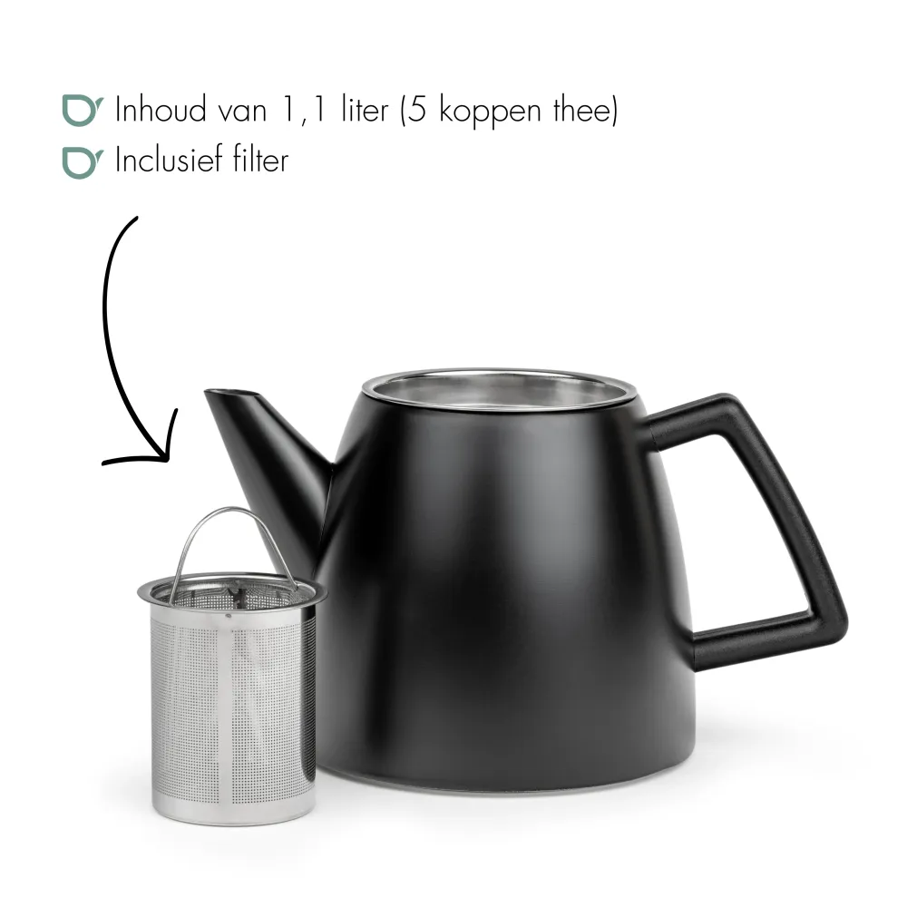 Bredemeijer - Dubbelwandige theepot Odense - 1,1 liter - Mat zwart - Met filter
