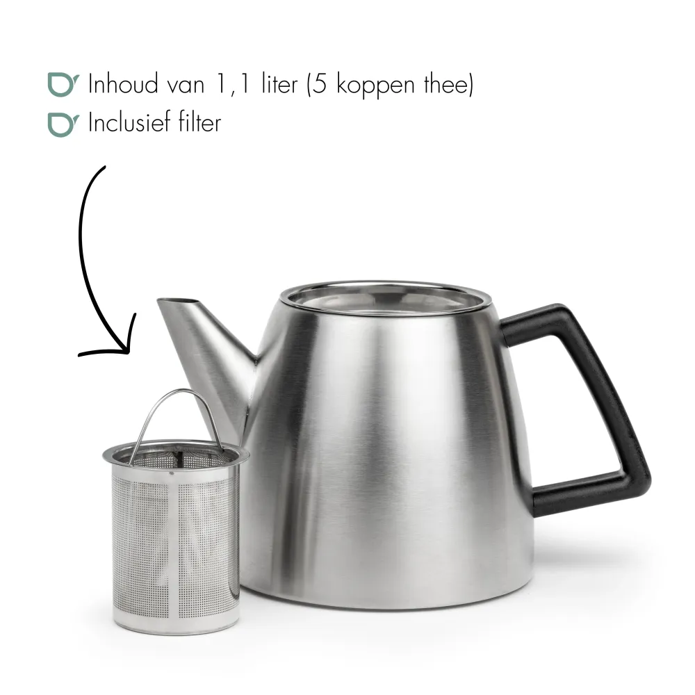 Bredemeijer - Dubbelwandige theepot Odense - 1,1 liter - Mat staal - Met filter